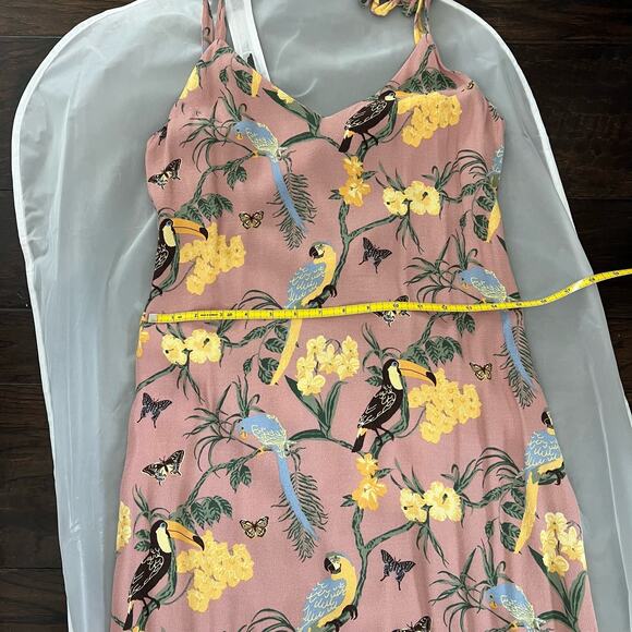 Reformation Jade Dress Midi Conga Tropical Bird Print Pink Yellow Tie Straps - Picture 10 of 10